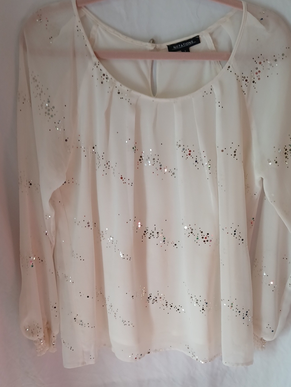 Notations Cream Sequin Long-Sleeve Scoop Neck Blouse